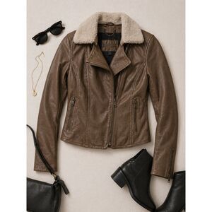Banana Republic Distressed Tan Leather Moto Jacket Womens Small Removable Collar